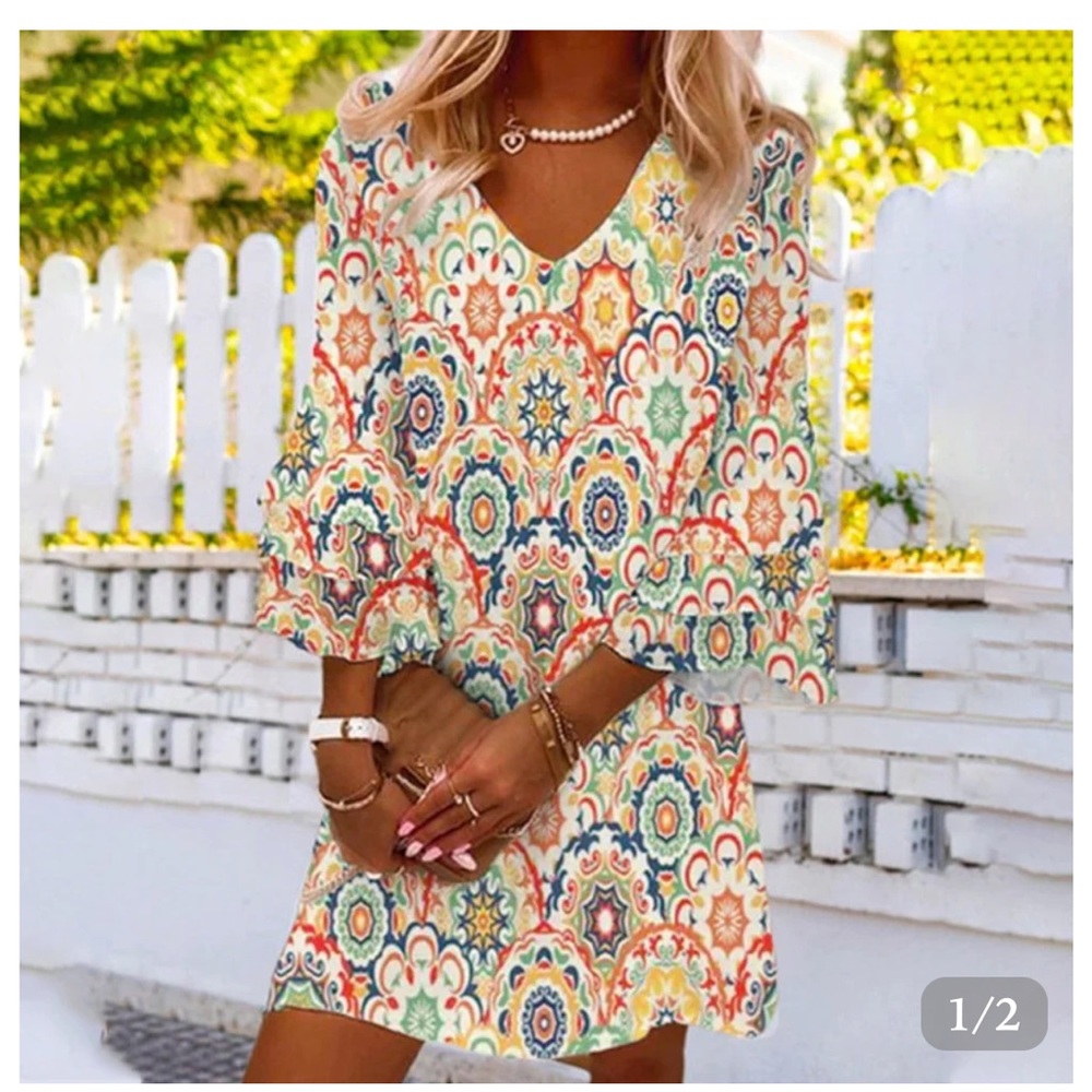 Women’s 3/4 sleeve A-line  v neck dress